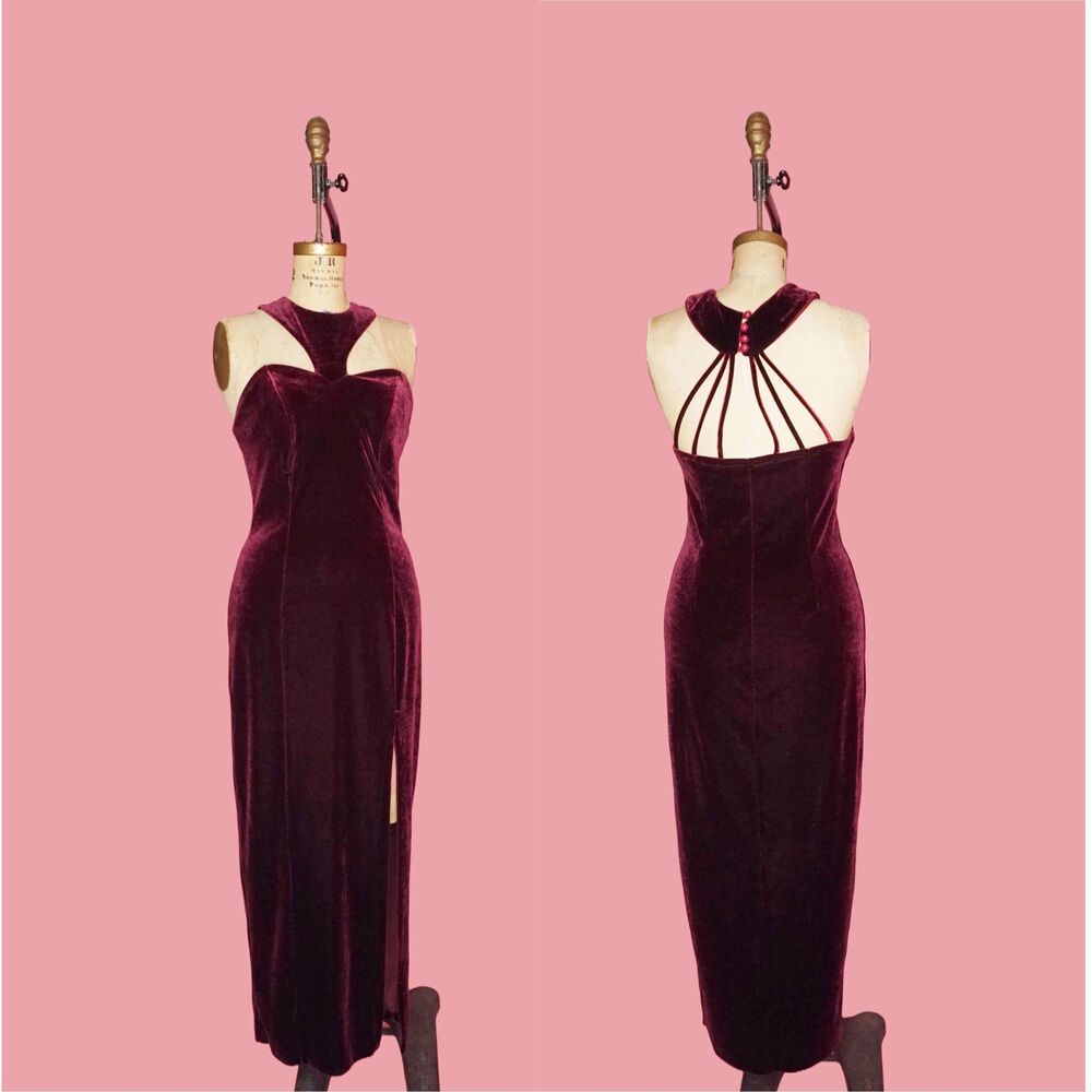 1990s POLY FASHION USA Velvet High SLIT Gown W/Cage Back & Statement Collar. S-M
